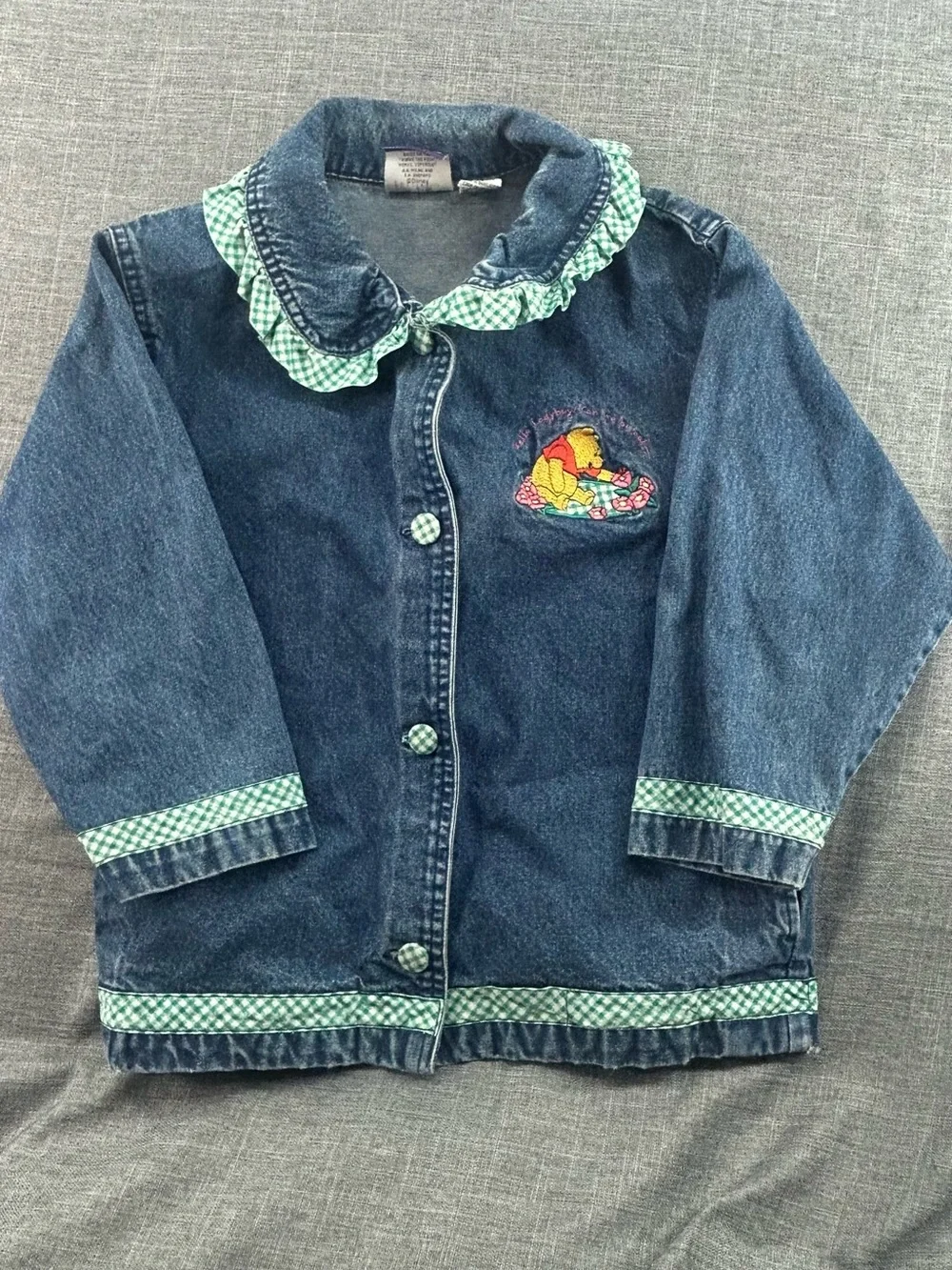 Kids Denim Jacket with Green Gingham Trim and Winnie the Pooh Embroidery
